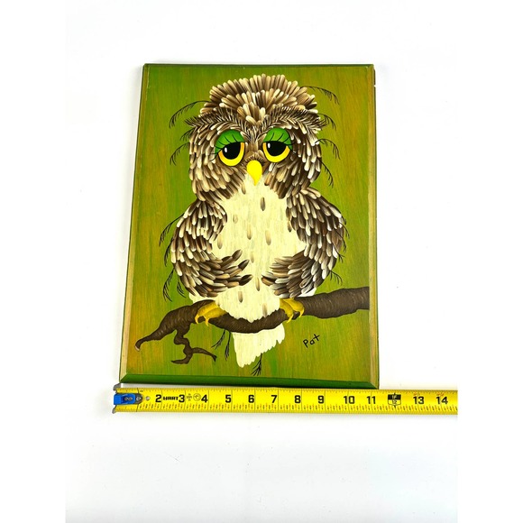 Vintage Owl Painting On Wood Green Background Sleepy Eyes Brown Feathers Signed - Picture 8 of 10